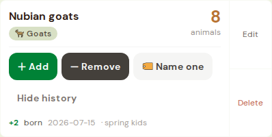 Reason-coded history on a group card, right where the ± buttons live.