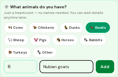 Tap a species chip, type a headcount, optionally give the group a name.