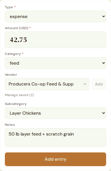 A feed-store expense, categorized and tagged to the layer flock.