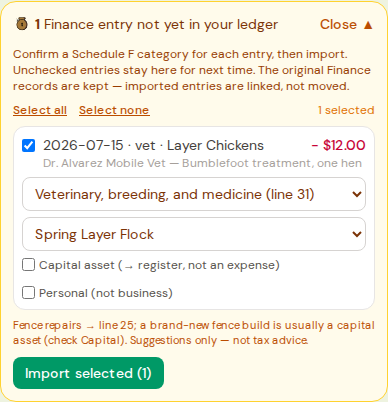 Reviewing an unimported vet bill before tagging it to an enterprise.