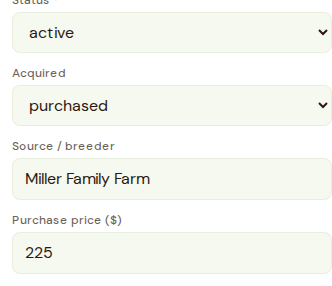 A purchased ewe's price mirrors to Finance as a livestock expense.