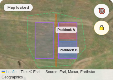 Paddock A grazing (blue), Paddock B resting — color = rest time.