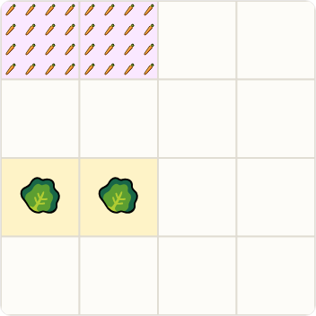 Carrots at 16 per square, lettuce at its spacing — the bed at a glance.