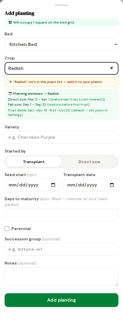 Pick a crop; spacing, timing, and plant counts fill in automatically.