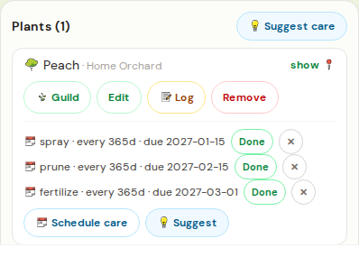 Your plant list — tap a tree for its details, log, and care.
