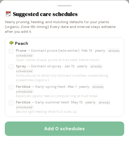 One tap and the peach gets its pruning, feeding, and spray calendar.