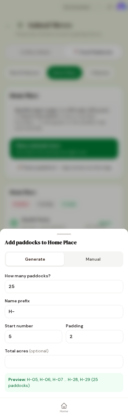 Adding named grazing areas — type the names, done.