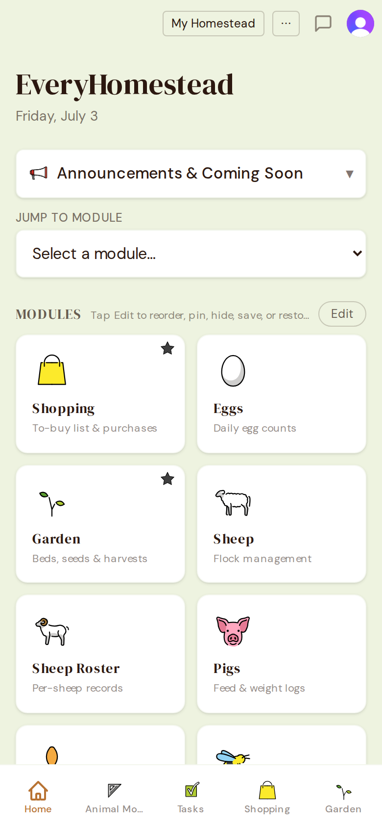 EveryHomestead home screen on a phone